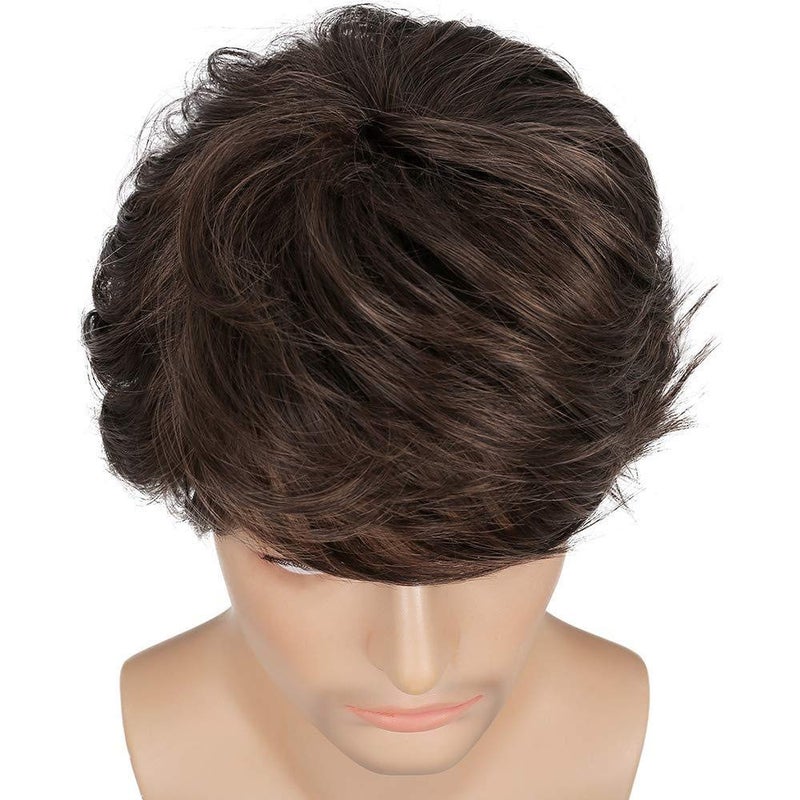 Wiwige Short Brown Wig for Mens Layered Natural Fluffy Synthetic Hair Wig Heat Resistant Halloween Cosplay with Wig Cap - Image 4